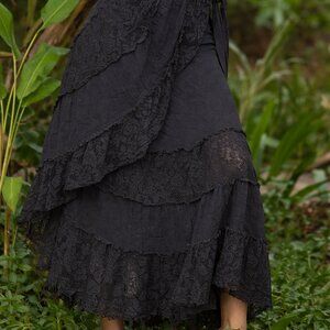 Boho Ruffle Lace Trim Wrap Skirt Goth Ruffle Gray Black Bohemian Hippie Style